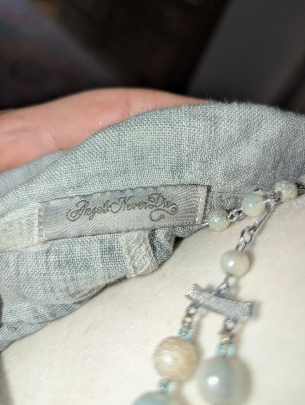 Cotton/Linen Angel Never Die Light Gray Embroidered Dress - Picture 6 of 7